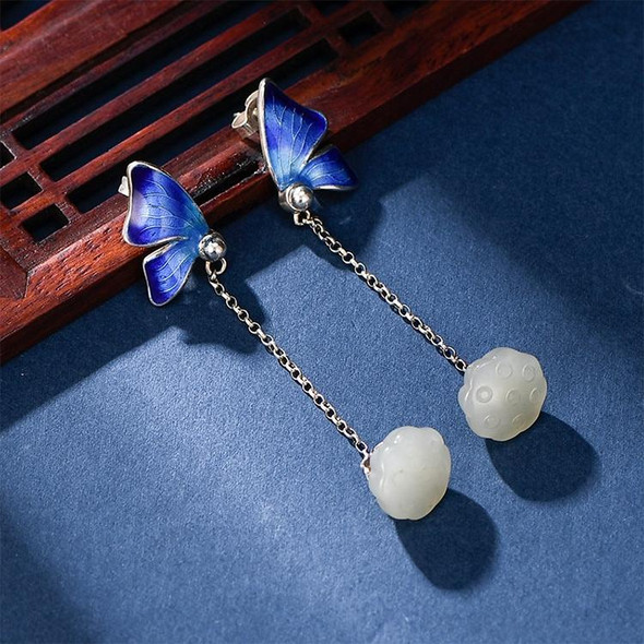 925 Sterling Silver White Jade Lotus Earrings Elegant Butterfly Earrings Enamel Process Fine Jewelry