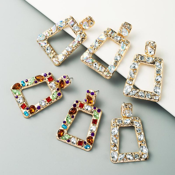 2 Pairs Hollow Geometric Square Earrings Alloy Inlaid Color Rhinestone Earrings(AB Color)