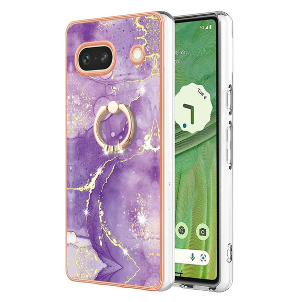 For Google Pixel 7a Electroplating Marble IMD TPU Phone Case with Ring Holder(Purple 002)