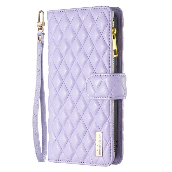 For Xiaomi Poco F5 5G / Redmi Note 12 Turbo Diamond Lattice Zipper Wallet Leather Flip Phone Case(Purple)