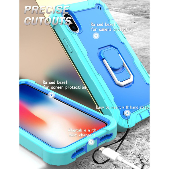 PC + Rubber 3-layers Shockproof Protective Case with Rotating Holder - iPhone XS / X(Mint Green + Blue)