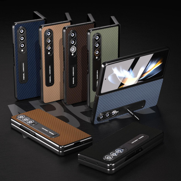 For Samsung Galaxy Z Fold3 5G Carbon Fiber Texture Integrated Protective Phone Case with Holder(Dark Brown)