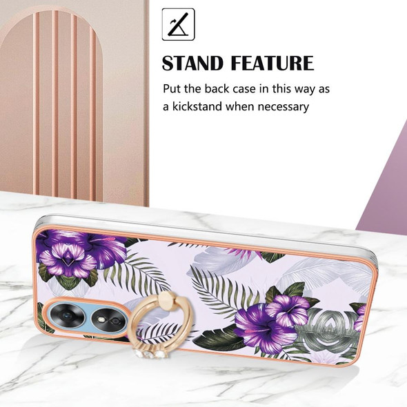 For OPPO A17 Electroplating IMD TPU Phone Case with Ring(Purple Flower)