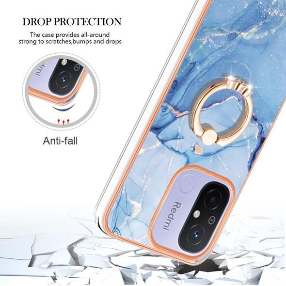 For Xiaomi Redmi 12C/11A 4G Global Electroplating Marble Dual-side IMD Phone Case with Ring(Blue 018)