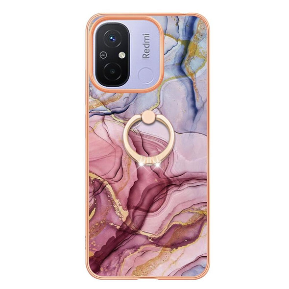 For Xiaomi Redmi 12C/11A 4G Global Electroplating Marble Dual-side IMD Phone Case with Ring(Rose Red 014)