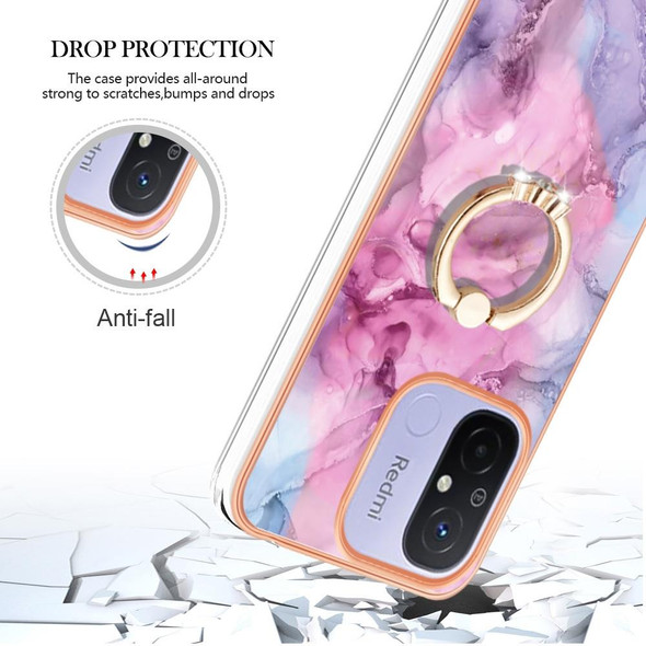 For Xiaomi Redmi 12C/11A 4G Global Electroplating Marble Dual-side IMD Phone Case with Ring(Pink 013)