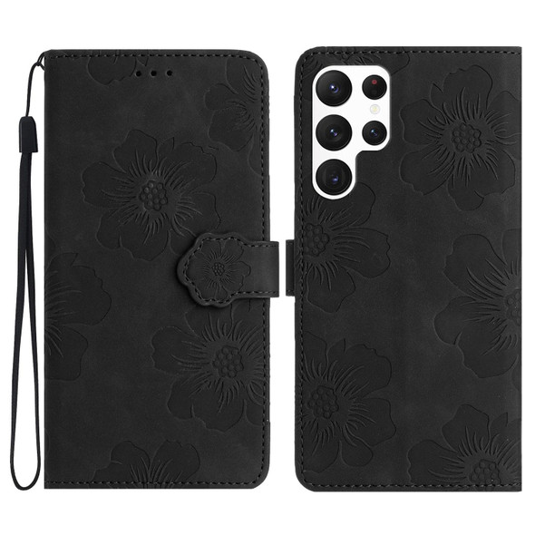 For Samsung Galaxy S22 Ultra 5G Flower Embossing Pattern Leatherette Phone Case(Black)