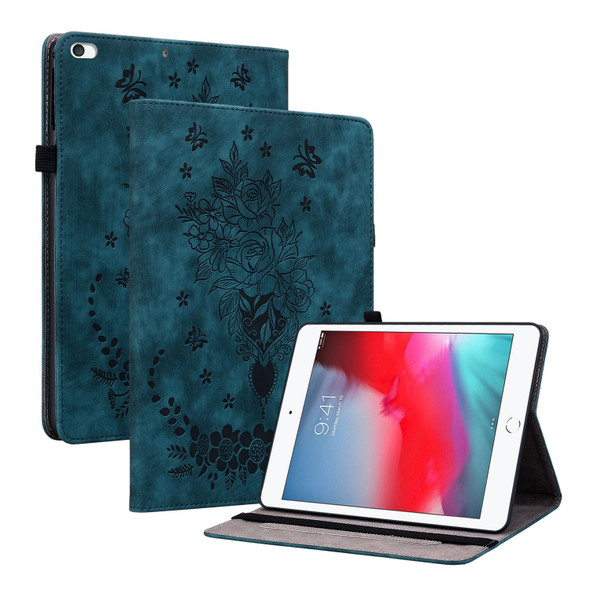For iPad mini 5 / 4 / 3 / 2 / 1 Butterfly Rose Embossed Leatherette Smart Tablet Case(Dark Blue)