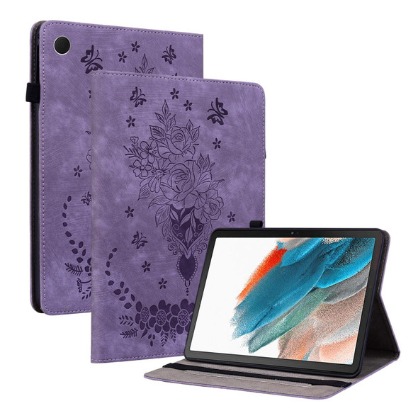 For Samsung Galaxy Tab A8 10.5 2021 X205 Butterfly Rose Embossed Leatherette Smart Tablet Case(Purple)