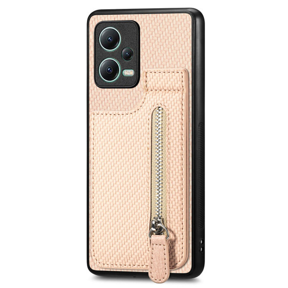 For Redmi Note 12 5G Carbon Fiber Vertical Flip Zipper Phone Case(Khaki)