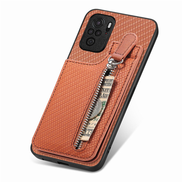 For Redmi Note 10 4G Carbon Fiber Vertical Flip Zipper Phone Case(Brown)