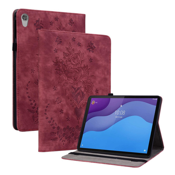 For Lenovo Tab M10 HD 2nd Gen TB-X306X Butterfly Rose Embossed Leatherette Tablet Case(Red)