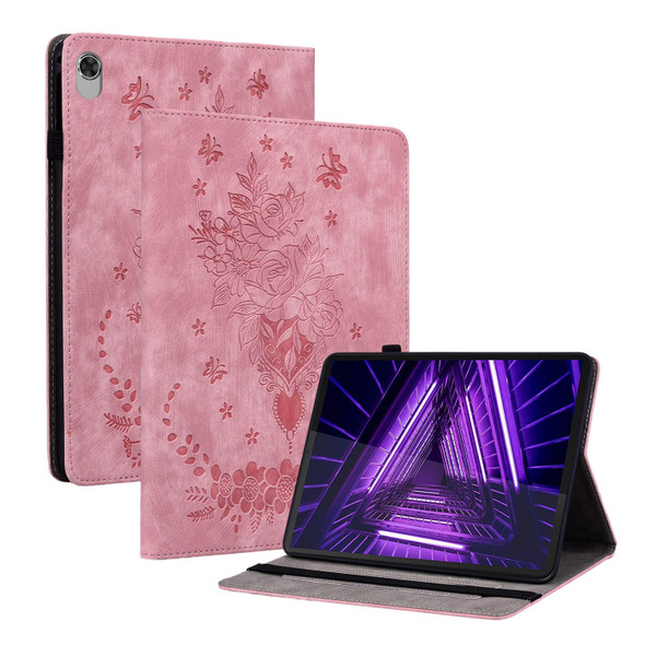 For Lenovo M10 Plus Butterfly Rose Embossed Leatherette Tablet Case(Pink)