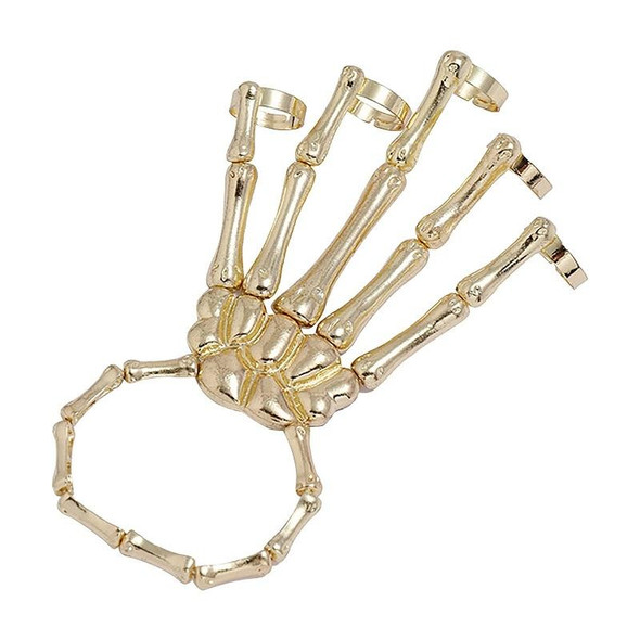 Punk Skull Hand Bone Five Finger Ring Adjustable Integrated Chain(SKU5880 Gold)