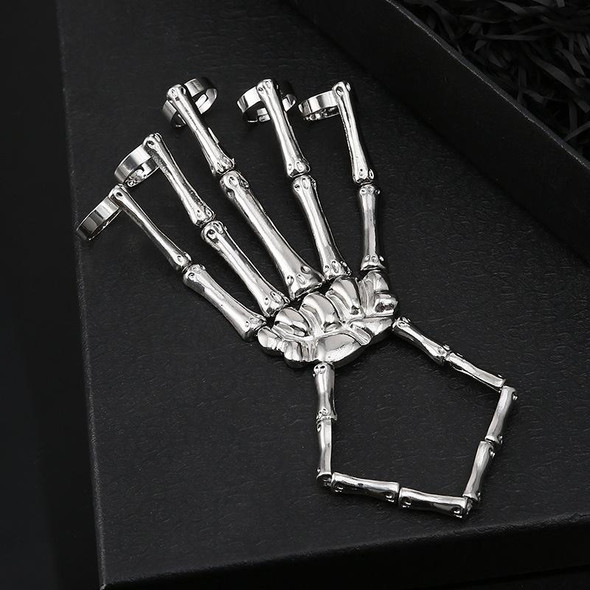 Punk Skull Hand Bone Five Finger Ring Adjustable Integrated Chain(SKU5875 Silver)