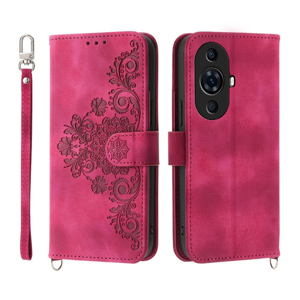 For Huawei nova 11 Pro 4G Skin-feel Flowers Embossed Wallet Leatherette Phone Case(Wine Red)