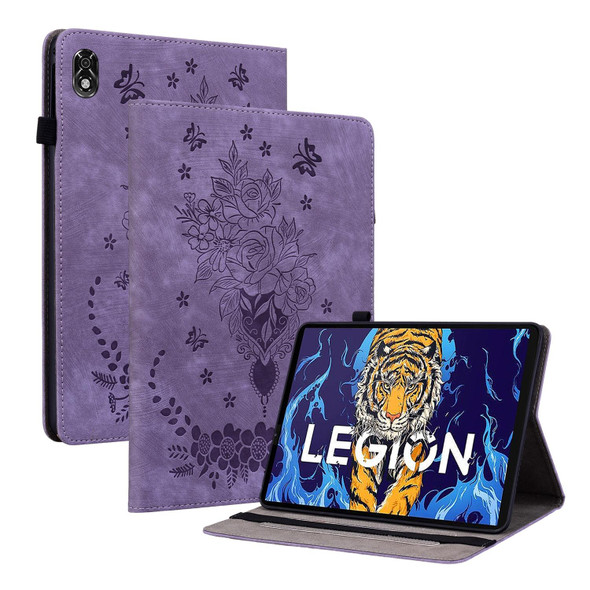 For Lenovo Legion Y700 Butterfly Rose Embossed Leatherette Tablet Case(Purple)