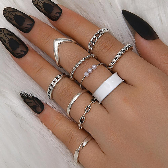 10pcs/set Multi-Metal Twisted Pearl Hollow Open Ring(SKU6234 Silver)