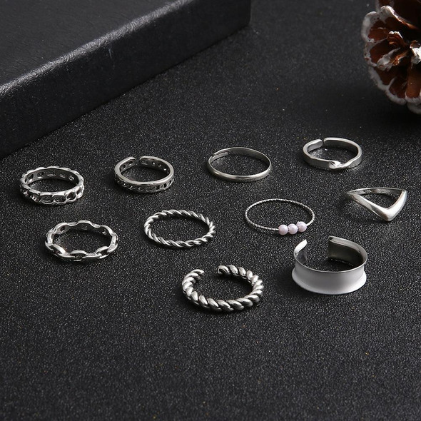 10pcs/set Multi-Metal Twisted Pearl Hollow Open Ring(SKU6234 Silver)