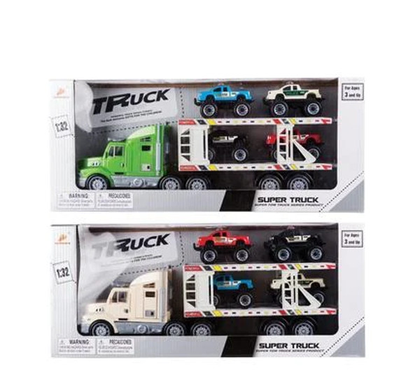 Vehicle Playset Truck and Trailor with 4 Cars for Kids Ages 3+