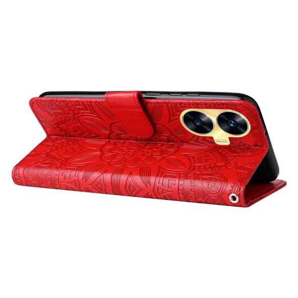 For Realme C55 Embossed Sunflower Leatherette Phone Case(Red)