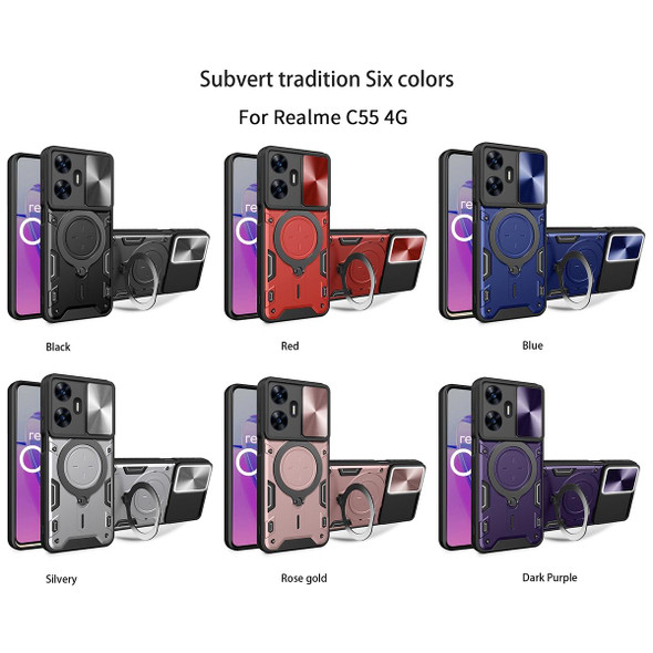 For Realme C55 4G CD Texture Sliding Camshield Magnetic Holder Phone Case(Black)