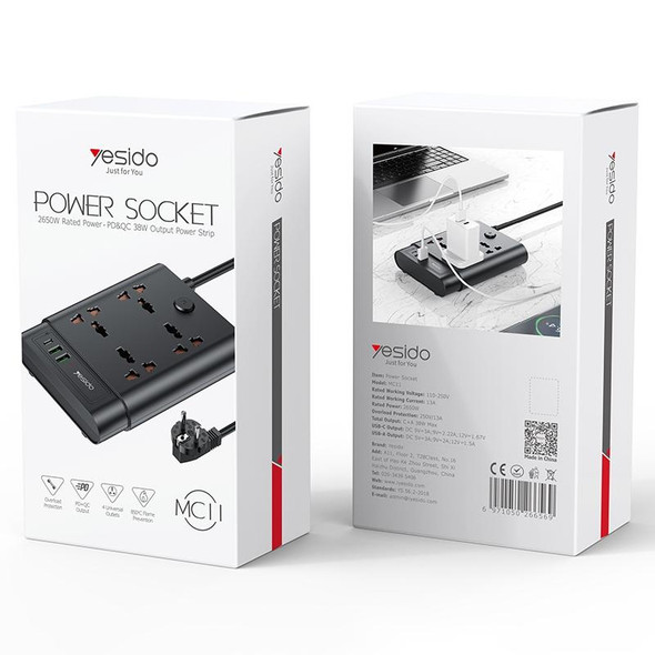 Yesido MC-11 4 Plugs + PD 20W+2 QC3.0 Ports 2650W Multi-functional High Power Socket(EU Plug)