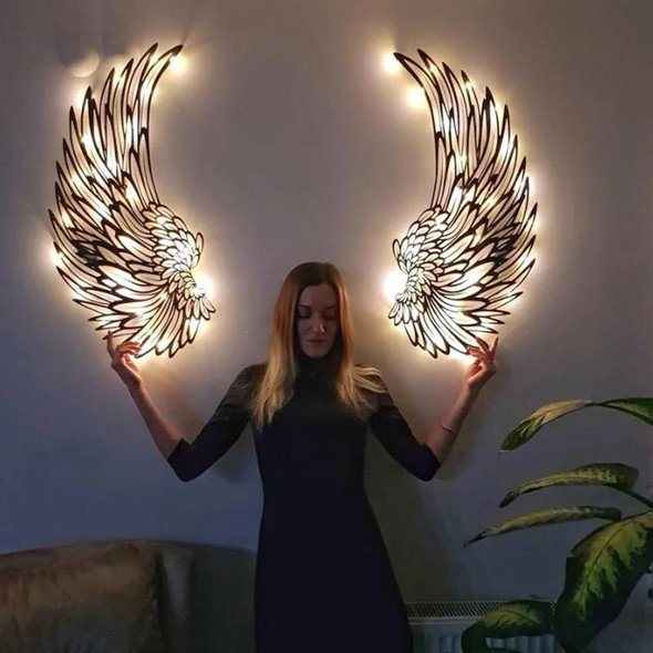 1pair 35cm Double Sided Black Engraved Metal LED Angel Wings Wall Hanging Decoration With Lights