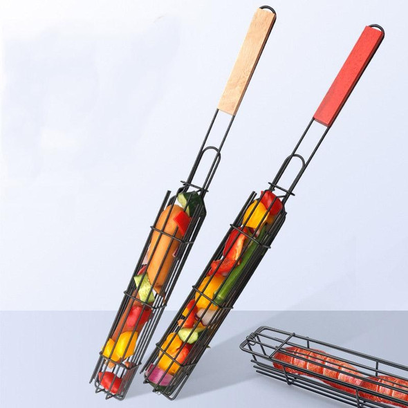 2 PCS Hot Dog Barbecue Cage Sausage Barbecue Clip Barbecue Clip Mesh Wooden Handle Barbecue Mesh Rack, Color:Wood color