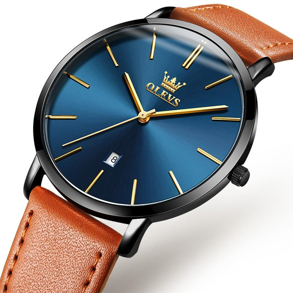 OLEVS 5869 Men Business Waterproof Genuine Leather Strap Quartz Watch(Blue Black Brown)