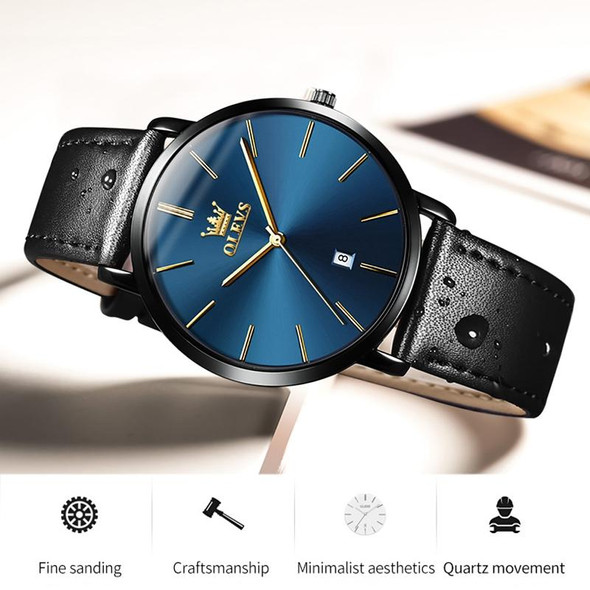 OLEVS 5869 Men Business Waterproof Genuine Leather Strap Quartz Watch(Black + Blue)