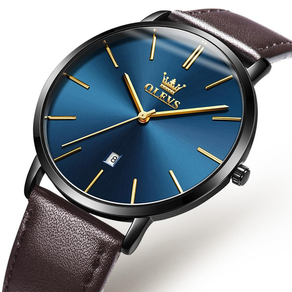 OLEVS 5869 Men Business Waterproof Genuine Leather Strap Quartz Watch(Blue + Dark Brown)
