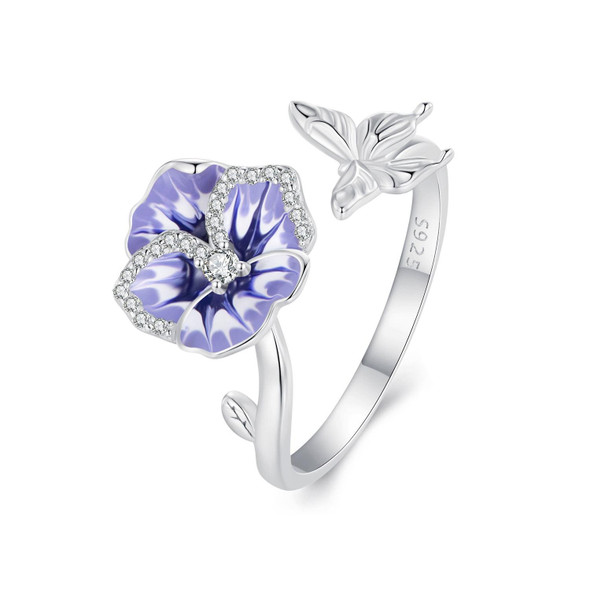 BSR452-E Sterling Silver S925 White Gold Plated Zircon Pansy Ring