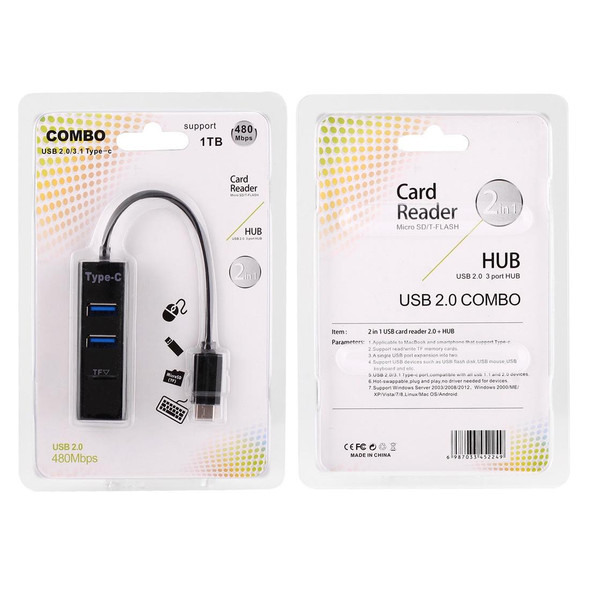 2 in 1 USB 3.1 USB-C / Type-C to USB 2.0 COMBO 3 Ports HUB + TF Card Reader(Black)