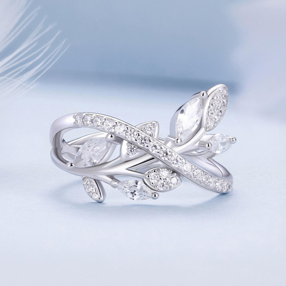 BSR453-8 S925 Sterling Silver White Gold Plated Zircon Luxury Leaf Ring