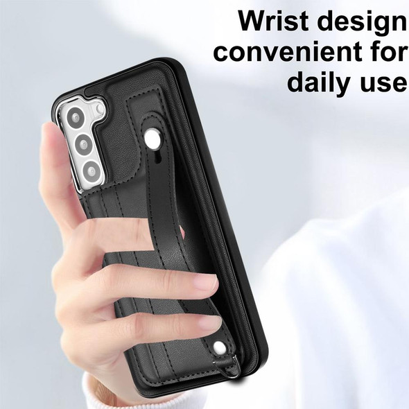 For Samsung Galaxy S22 5G Shockproof Leatherette Phone Case with Wrist Strap(Black)
