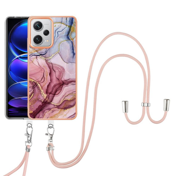 For Xiaomi Redmi Note 12 Pro+ Electroplating Marble Dual-side IMD Phone Case with Lanyard(Rose Red 014)