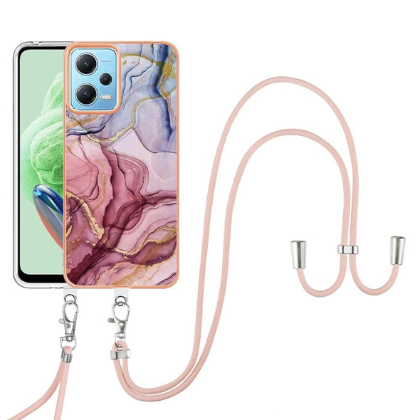 For Xiaomi Redmi Note 12 5G Global Electroplating Marble Dual-side IMD Phone Case with Lanyard(Rose Red 014)