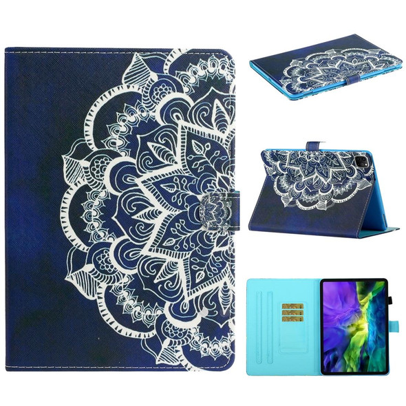 For iPad 11 Pro (2020) Painted Flower Totem Car Line TPU Horizontal Flip Leatherette Tablet Case with Holder & Card Slot & Sleep / Wake-up Function(White Blue)