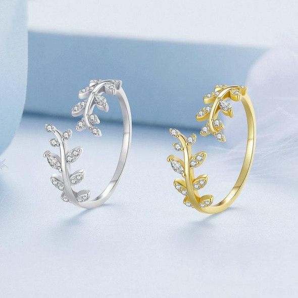 BSR241-A Willow Leaf Opening Sterling Silver Simple Zirconia Tree Branch Ring Bracelet
