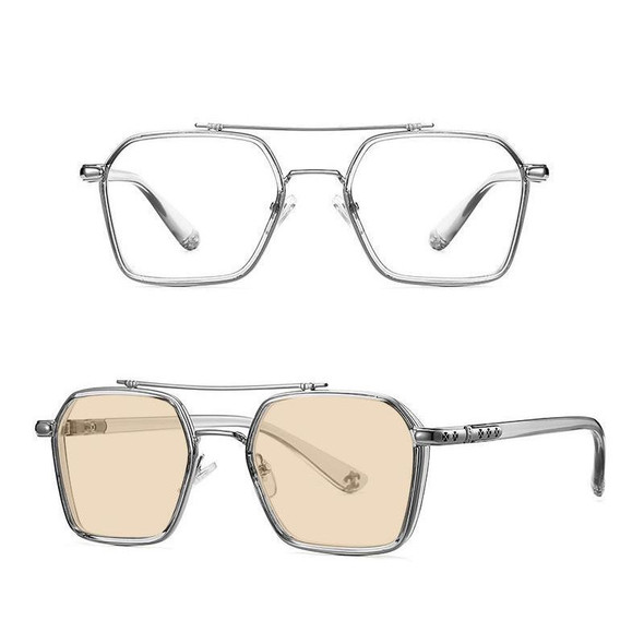 A5 Double Beam Polarized Color Changing Myopic Glasses, Lens: -350 Degrees Change Tea Color(Gray Silver Frame)