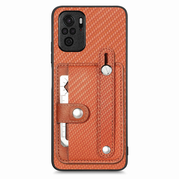 For Redmi Note 10 Wristband Kickstand Wallet Back Phone Case with Tool Knife(Brown)