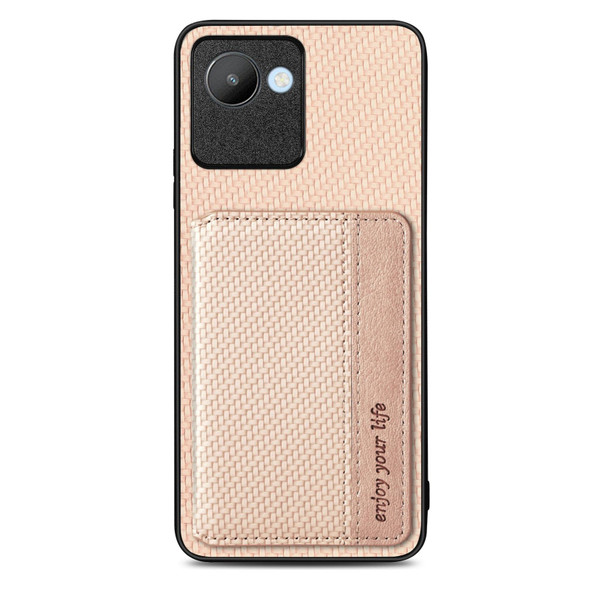 For Realme C30 Carbon Fiber Magnetic Card Bag Phone Case(Khaki)