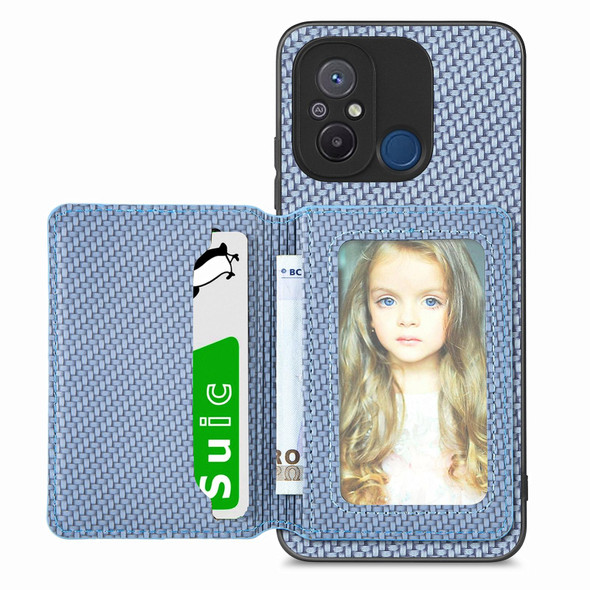 For Redmi 12C Carbon Fiber Magnetic Card Bag Phone Case(Blue)