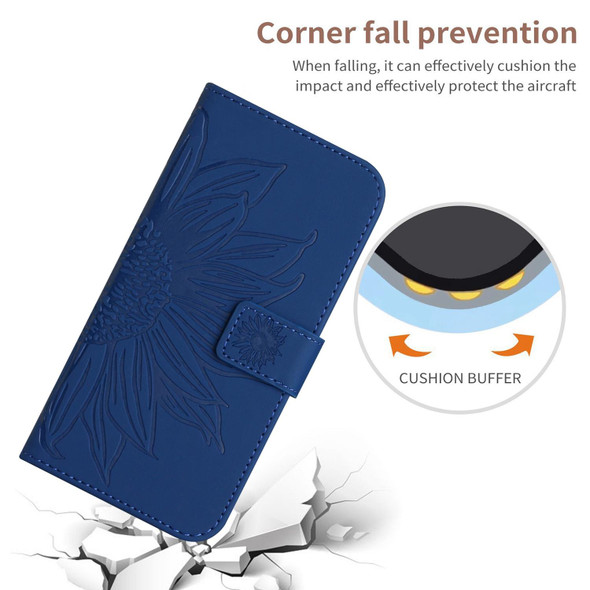 For iPhone 15 Pro Max Skin Feel Sun Flower Embossed Flip Leatherette Phone Case with Lanyard(Dark Blue)