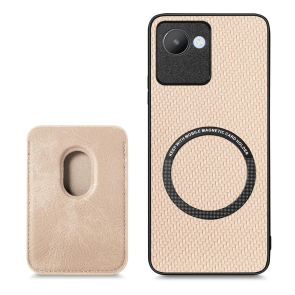 For Realme C30 Carbon Fiber Leatherette Card Magsafe Phone Case(Khaki)