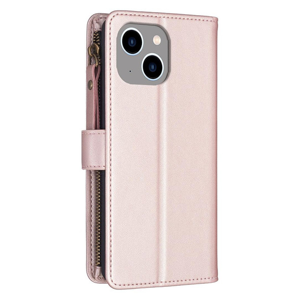 For iPhone 14 / 13 9 Card Slots Zipper Wallet Leatherette Flip Phone Case(Rose Gold)