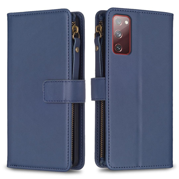 For Samsung Galaxy S20 FE 9 Card Slots Zipper Wallet Leatherette Flip Phone Case(Blue)