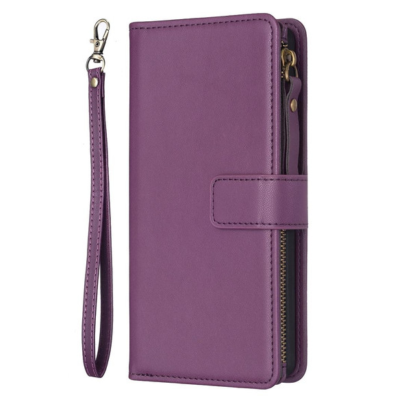 For Samsung Galaxy S21 FE 5G 9 Card Slots Zipper Wallet Leatherette Flip Phone Case(Dark Purple)