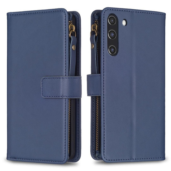 For Samsung Galaxy S21 FE 5G 9 Card Slots Zipper Wallet Leatherette Flip Phone Case(Blue)